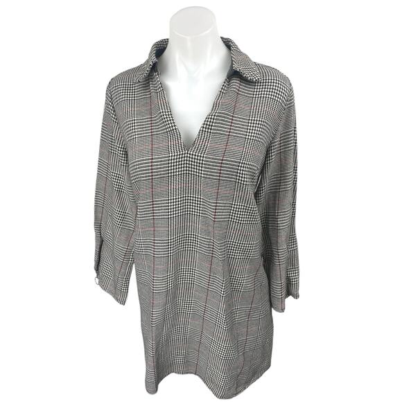 Zara Black White Houndstooth Plaid Collared Long Sleeve Shift Mini Dress Size 0 - Picture 1 of 4
